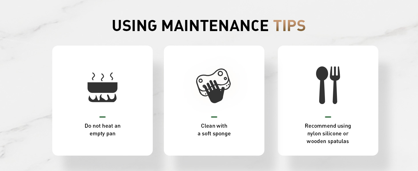 Text reads 'USING MAINTENANCE TIPS' with three icons showing food storage, watering, and utensil symbols.