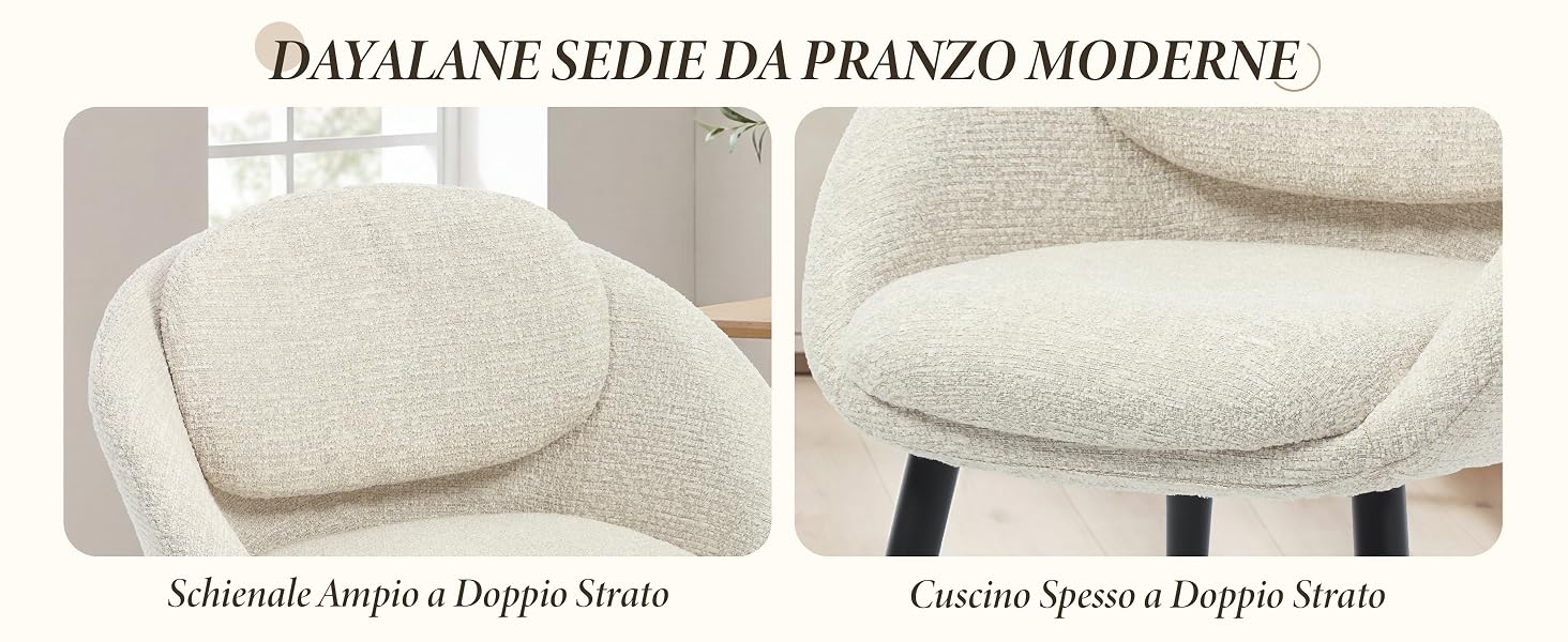 Il testo recita «DAYLANE SEDIE DA PRANZO MODERNE», «Schienale lungo a Doppio Strato», «Cuscini Spessi a Doppio Strato». Sedia da pranzo beige mostrata in due viste che evidenziano la spessa imbottitura a doppio strato e il design dello schienale.