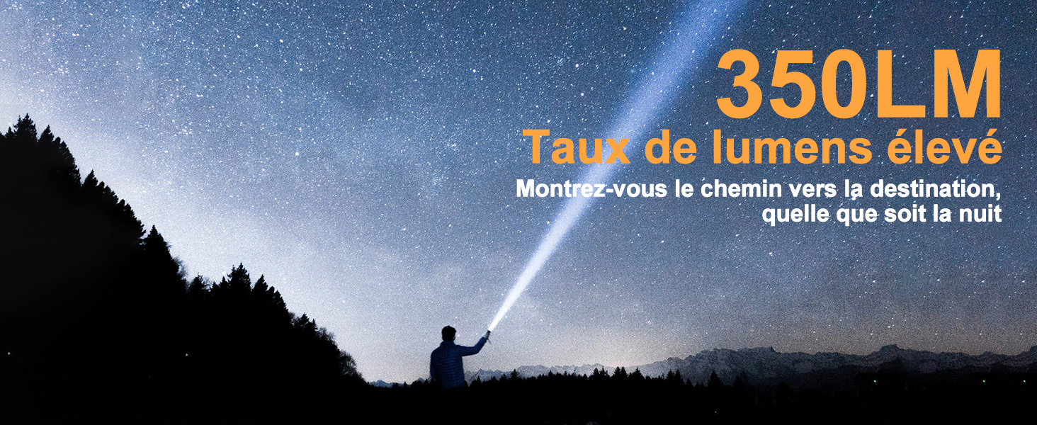 Silhouette d’une personne avec un faisceau de lampe de poche contre un ciel étoilé. La superposition de texte mentionne un flux lumineux élevé de 350 lm en français