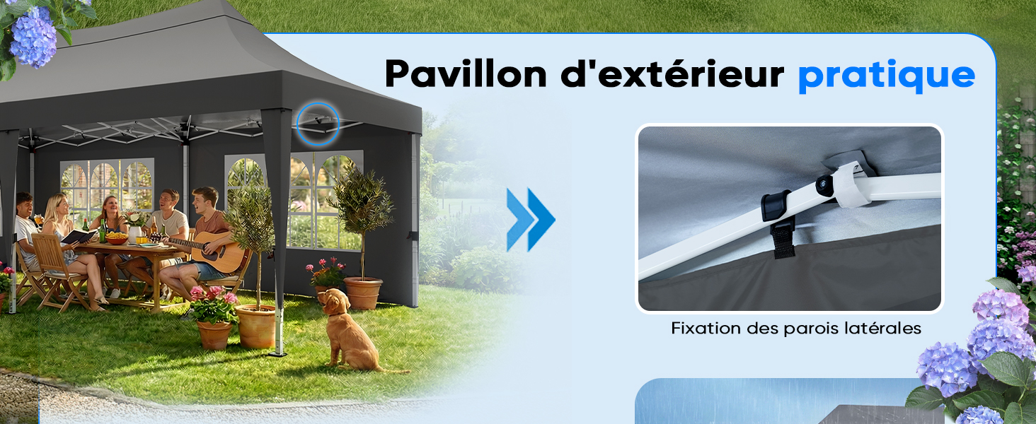 Le texte indique « Image 4 » et « Pavillon d'extérieur pratique ». Vues multiples d'un pavillon extérieur ou d'une structure de belvédère montrée dans un jardin.