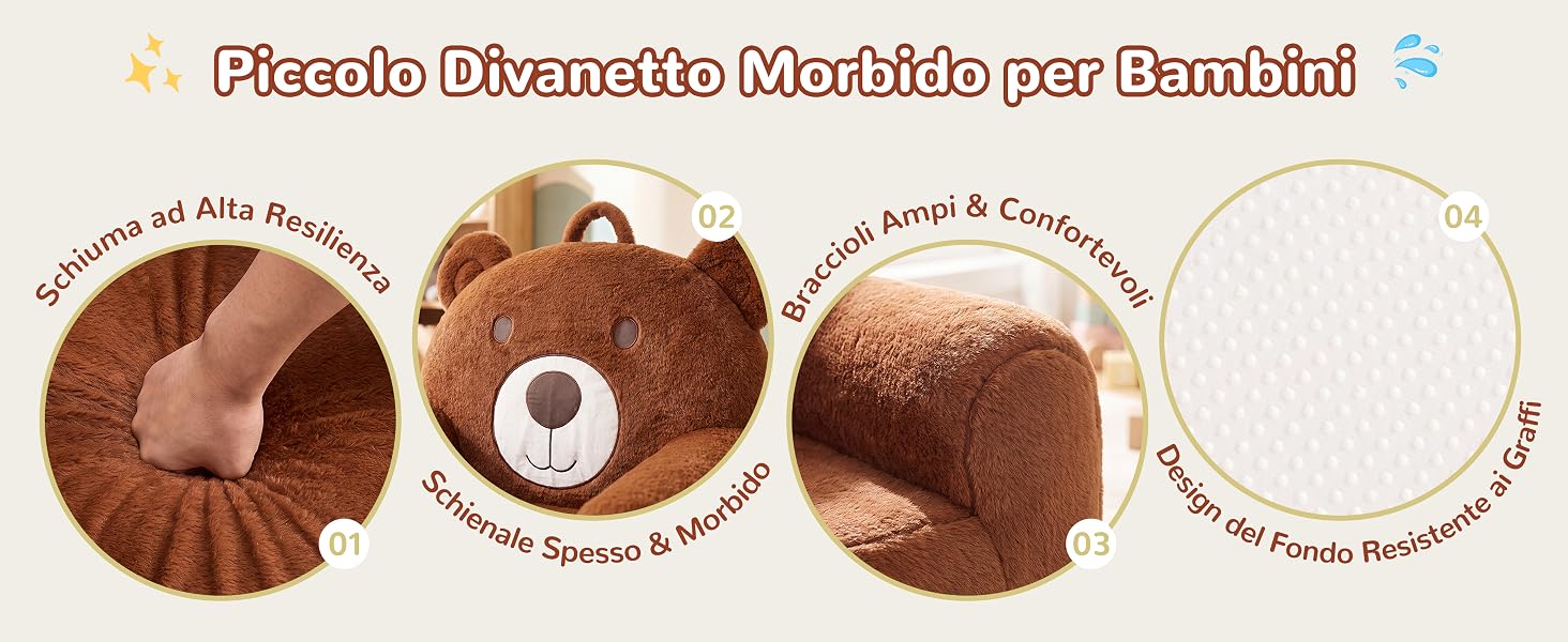 Il testo recita «Piccolo Bimantello Morbido per Bambini». Quattro immagini circolari del prodotto che mostrano prodotti da torta o pasticceria dalla consistenza marrone con strati di crema/glassa e dettagli sulla confezione.