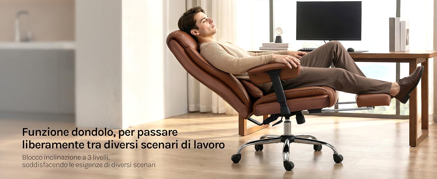 Il testo recita «Furniture domestica per passare bene momenti tra di amici davanti al fuoco». Sedia reclinabile in pelle in stile ufficio moderno.