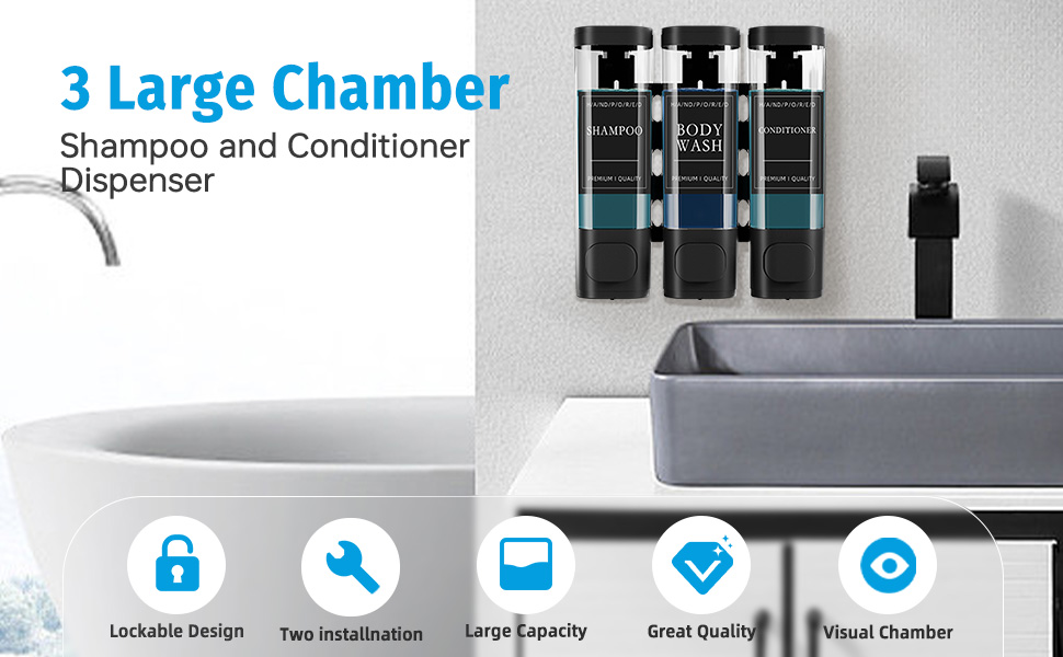 Dreikammer-Wandspender für Shampoo und Spülung. Verfügt über ein abschließbares Design, zwei Installationsmethoden, großes Fassungsvermögen und eine Sichtkammer.