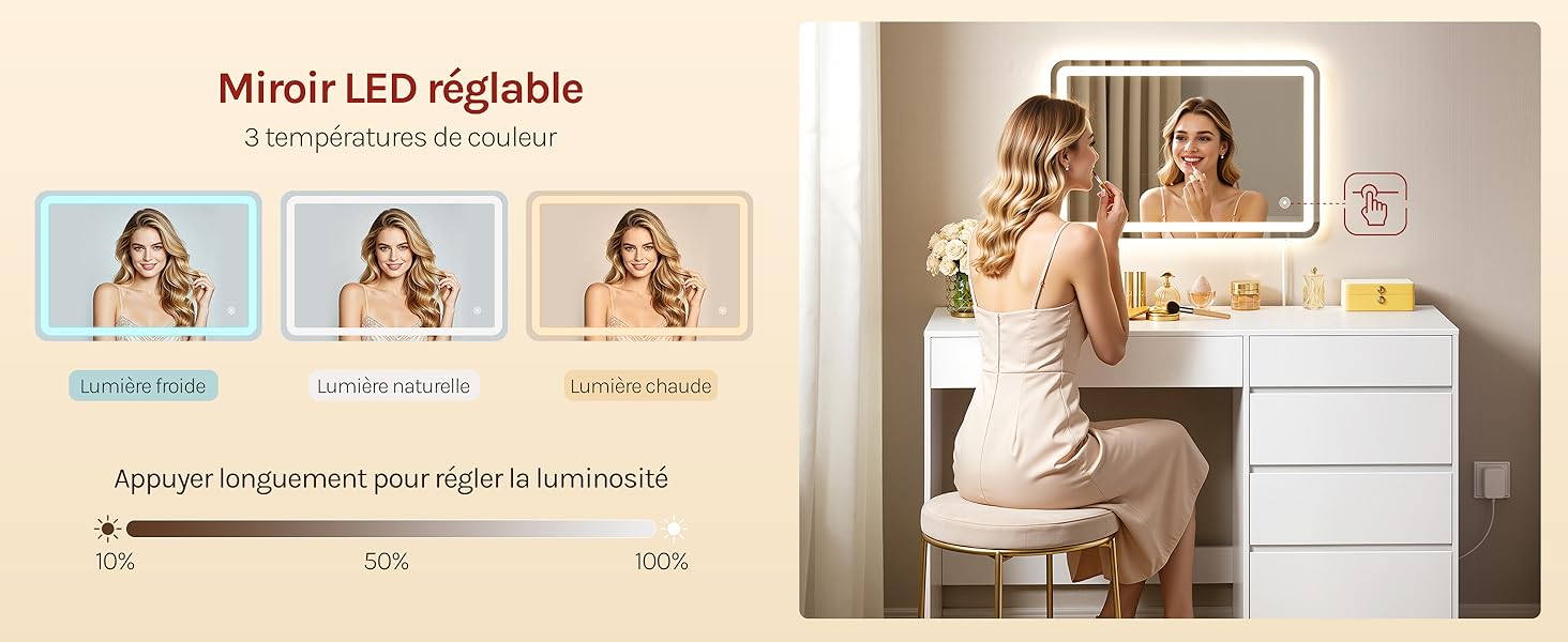 Le texte indique « Miroir LED réglable » avec une comparaison de produits montrant trois articles similaires, et une photo de style de vie d'une commode blanche avec miroir et objets de décoration dans une chambre à coucher.