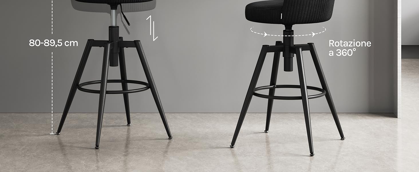 Due sgabelli da bar regolabili neri con le misure '60-80 cm' e 'Regolabile' etichettati, che mostrano un design regolabile in altezza con poggiapiedi e basi girevoli in confronto fianco a fianco.