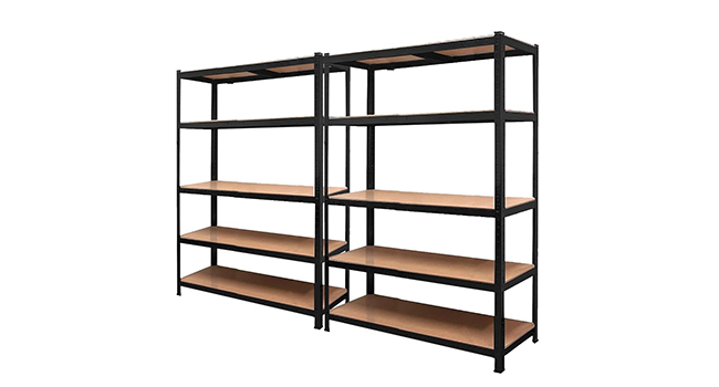 Black metal frame industrial shelving unit with four wooden shelves and vertical dividers, featuring open storage design for commercial or residential use.