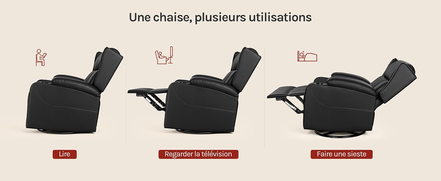 Le texte indique « Use chaise, plusieurs utilisations » avec trois images montrant un fauteuil inclinable noir dans différentes positions inclinées démontrant une fonctionnalité ajustable.