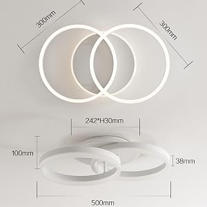 Technical diagram of circular LED ceiling light fixture showing dimensions: 500mm width, 38mm height, with overlapping ring design and measurements.