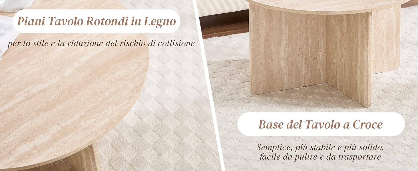 Il testo recita «Piedi Tavolo bistondo in Legno» e «Base del Tavolo a Croce». Immagini del prodotto che mostrano i componenti della base del tavolo in legno con finitura in legno chiaro.