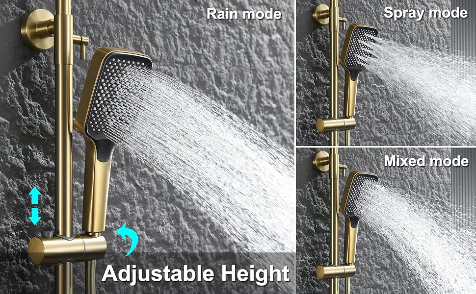 Système de douche présentant trois modes : pluie, jet et mixte, avec fonction de réglage de la hauteur. Luminaires dorés sur fond gris.