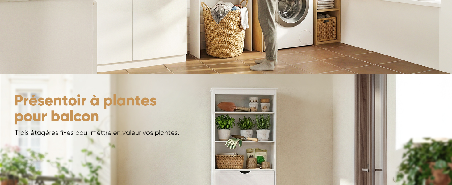 Le texte se lit comme suit : « Présentoir à plantes » et « pour balcon ». Série d'images montrant des présentoirs pour plantes en bois et des étagères dans différentes configurations.