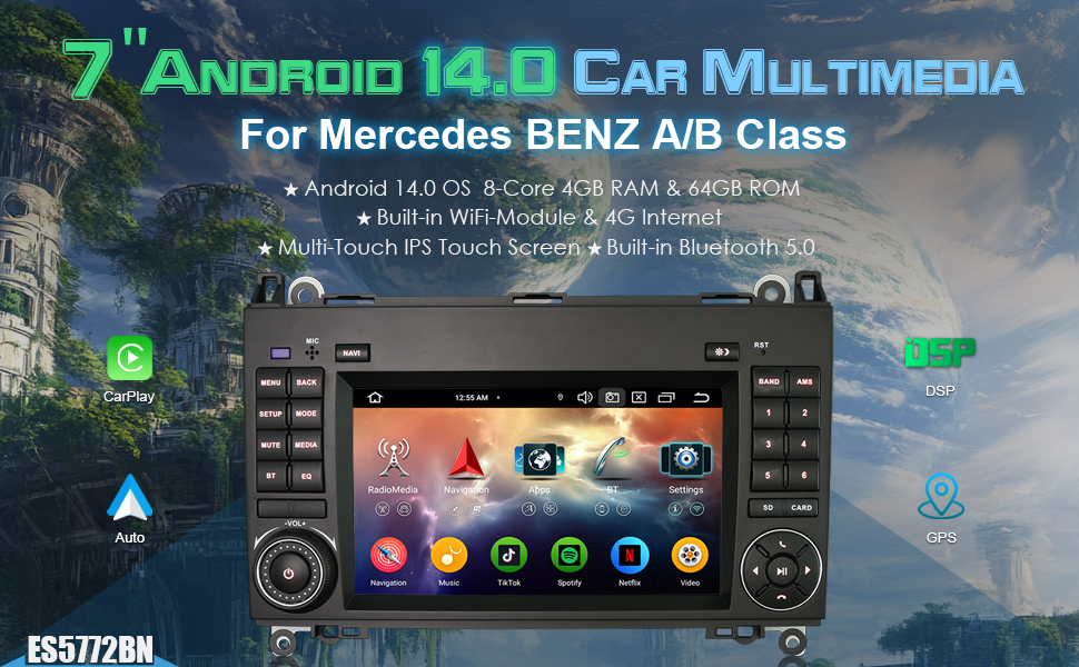 ES5772B Android 14 Car Radio GPS Navigation Carplay para Mercedes Clase A/B Viano Vito VW Crafter 