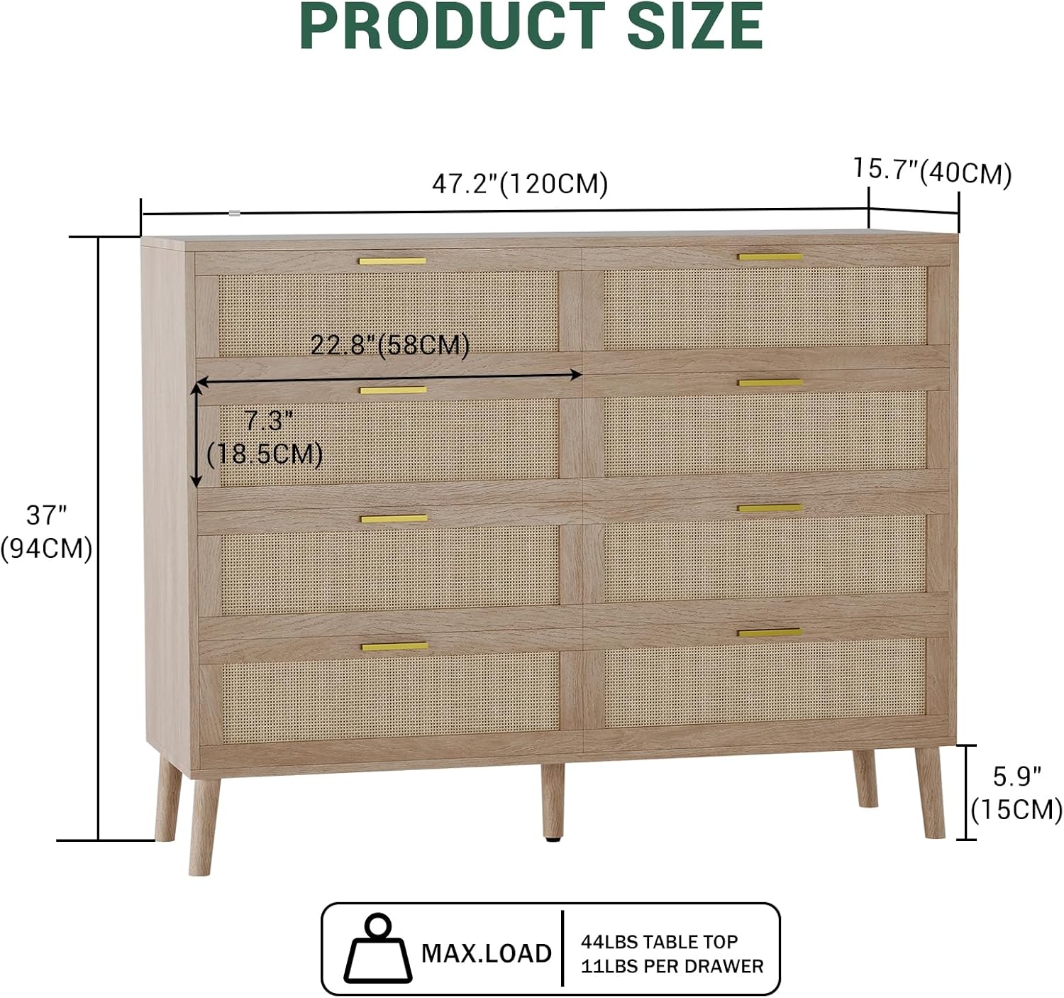 Commode 8/9 tiroirs en rotin naturel couleur chêne