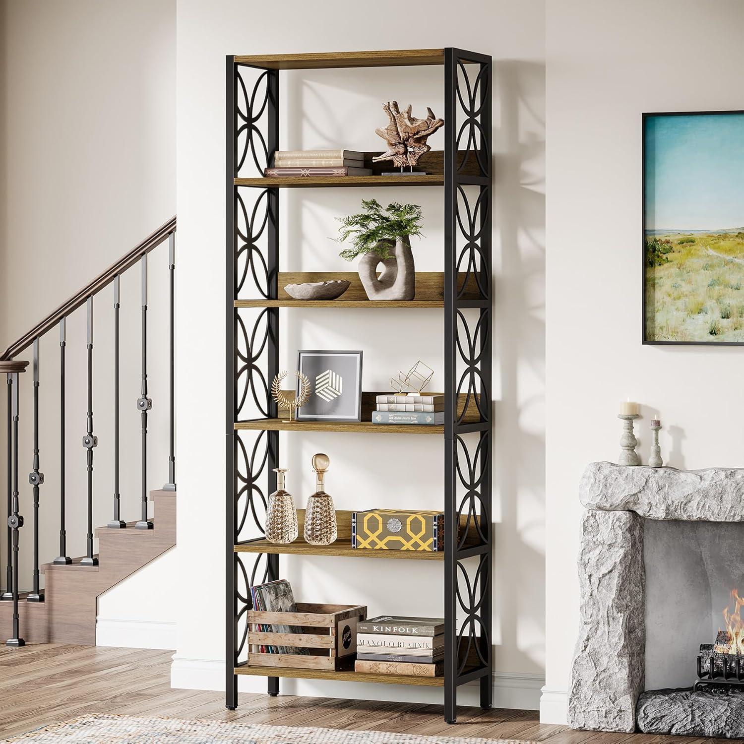 Industrial tall bookshelf with petal design