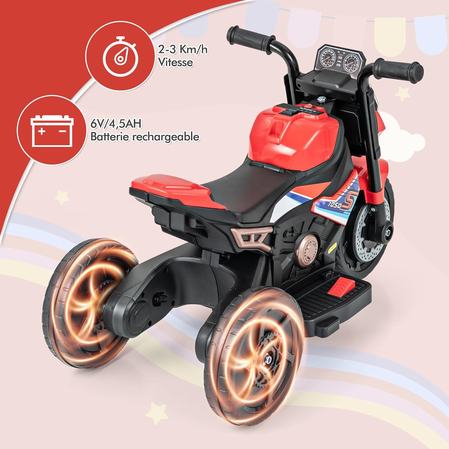 Costway – Moto électrique pour enfants 6V 4Ah – 3 roues – Vitesse 3 km/h – Phare lumineux et musique – Âge 18-36 mois – Noir