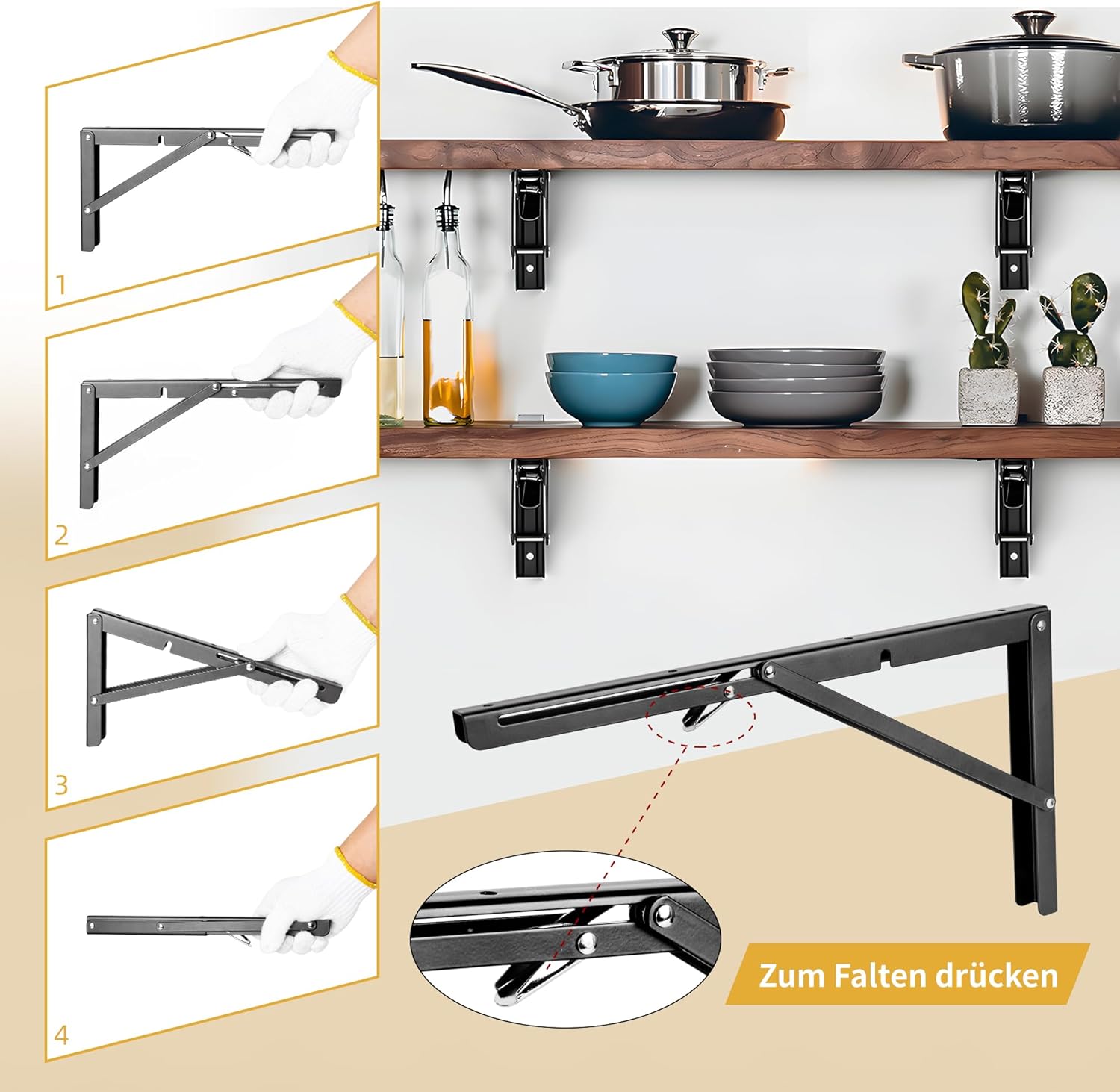 Set of 4 folding consoles heavy load 300 mm, 4 hinges, 90° folding ...