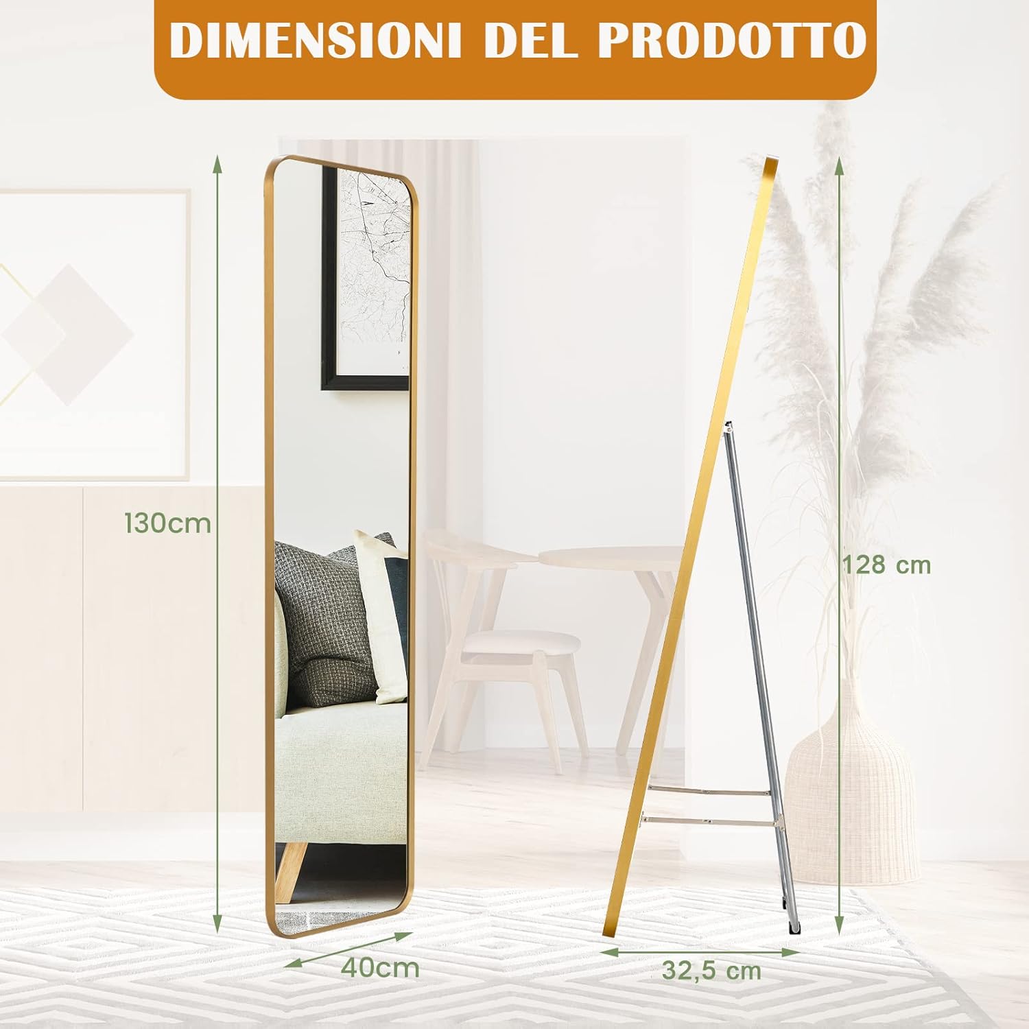 RELAX4LIFE Specchio Da Terra/Parete, Specchio A Figura Intera Con Supporto, Superficie Resistente Ad Alta Definizione, Doppio Montaggio A Parete O A Terra, Stile Moderno Con Cornice Metallica Sottile -Armonia Decor