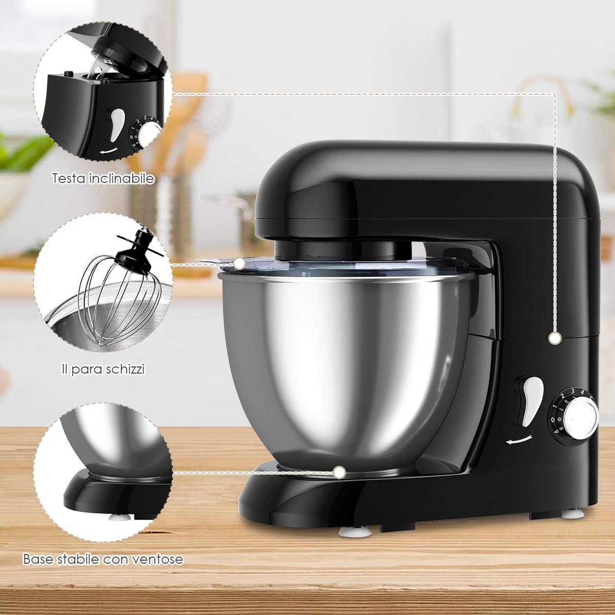 RELAX4LIFE Set Impastatrice Elettrica Con 3 Fruste Inclinate, 6 Velocità Regolabili, Robot Da Cucina Automatico, Ciotola Con Grande Capacità, In ABS E Acciaio Inossidabile (Nero) -Piccoli Elettrodomestici Negozio