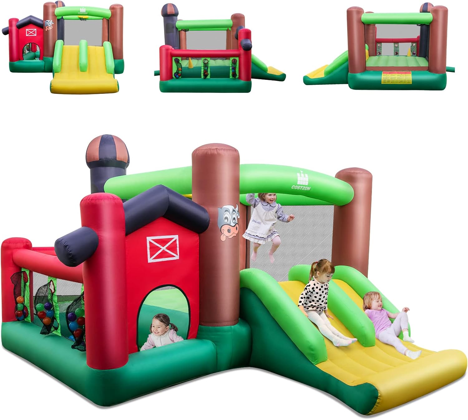 COSTWAY Château Gonflable/Aire De Jeux Pour Enfants Avec Cercle Panier De Basket-ball Toboggan Et Kit De Réparation Souffleur Non-inclus -Pas Cher Clair Jardin Magasin