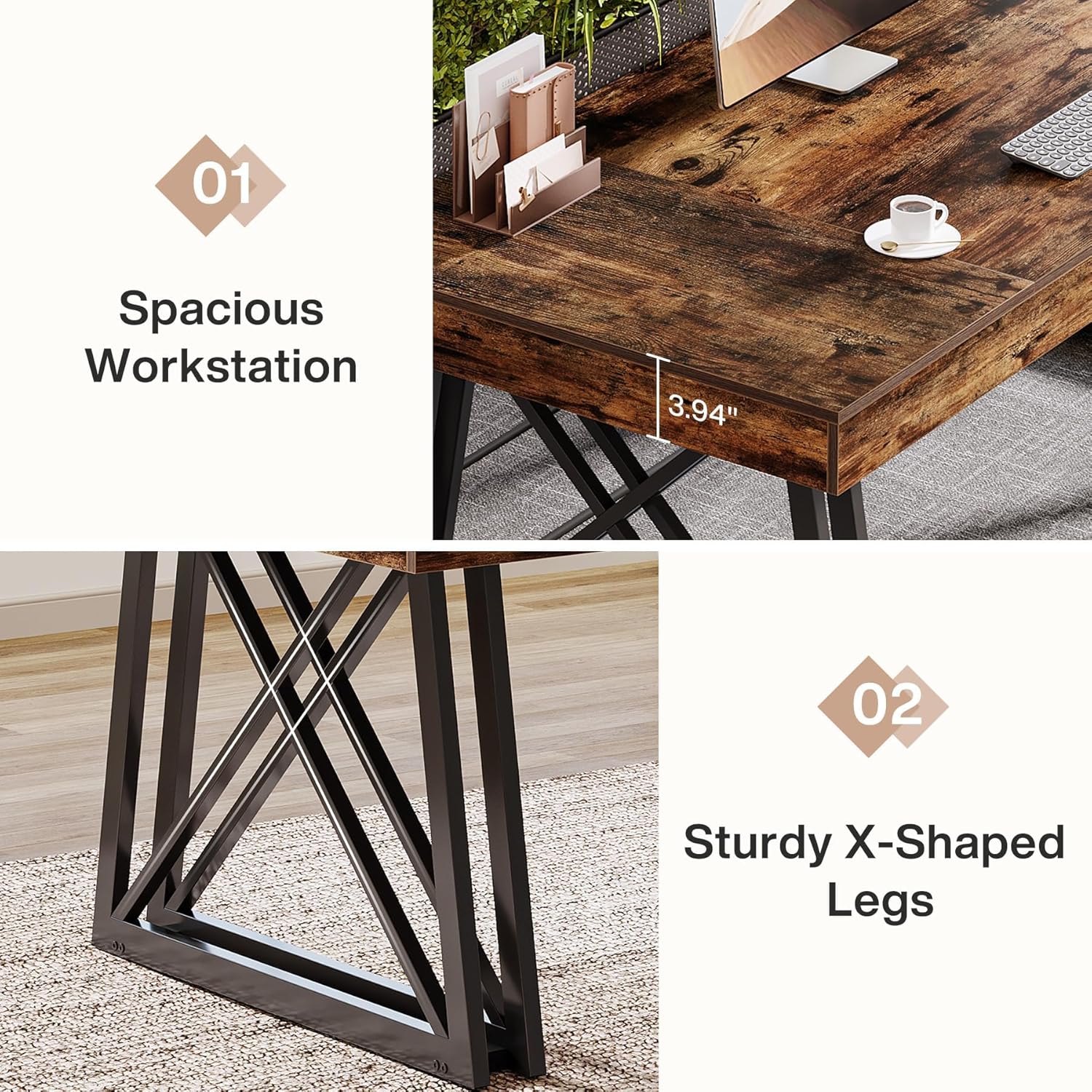 Rustic Farmhouse Office Desk with Sturdy Metal Frame
