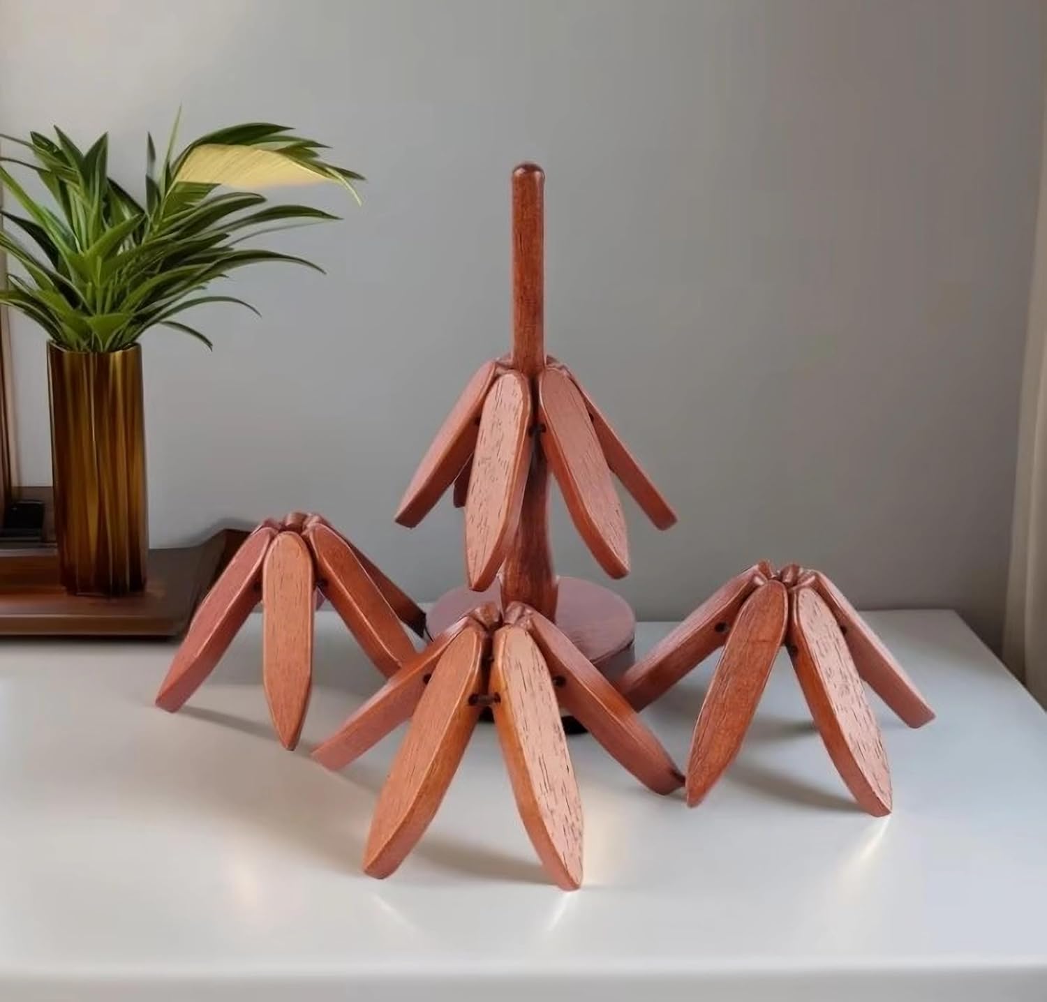 Sottobicchieri In Legno A Forma Di Albero Di Natale – 4 Pezzi + Supporto, Termici Per Piatti Caldi, Design A Gravità - 2
