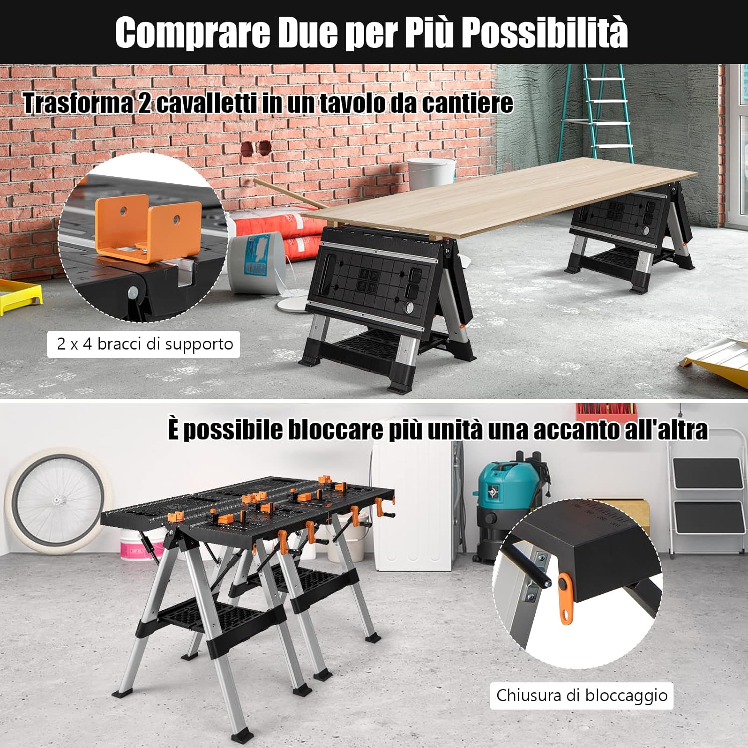 COSTWAY Banco da Lavoro Pieghevole Portatile, Cavalletto 454 KG e Tavolo da  Lavoro 200 KG con Altezza Regolabile e Sistema di Bloccaggio Funzionale, per  Lavorazione e Riparazione (Nero + Arancione)