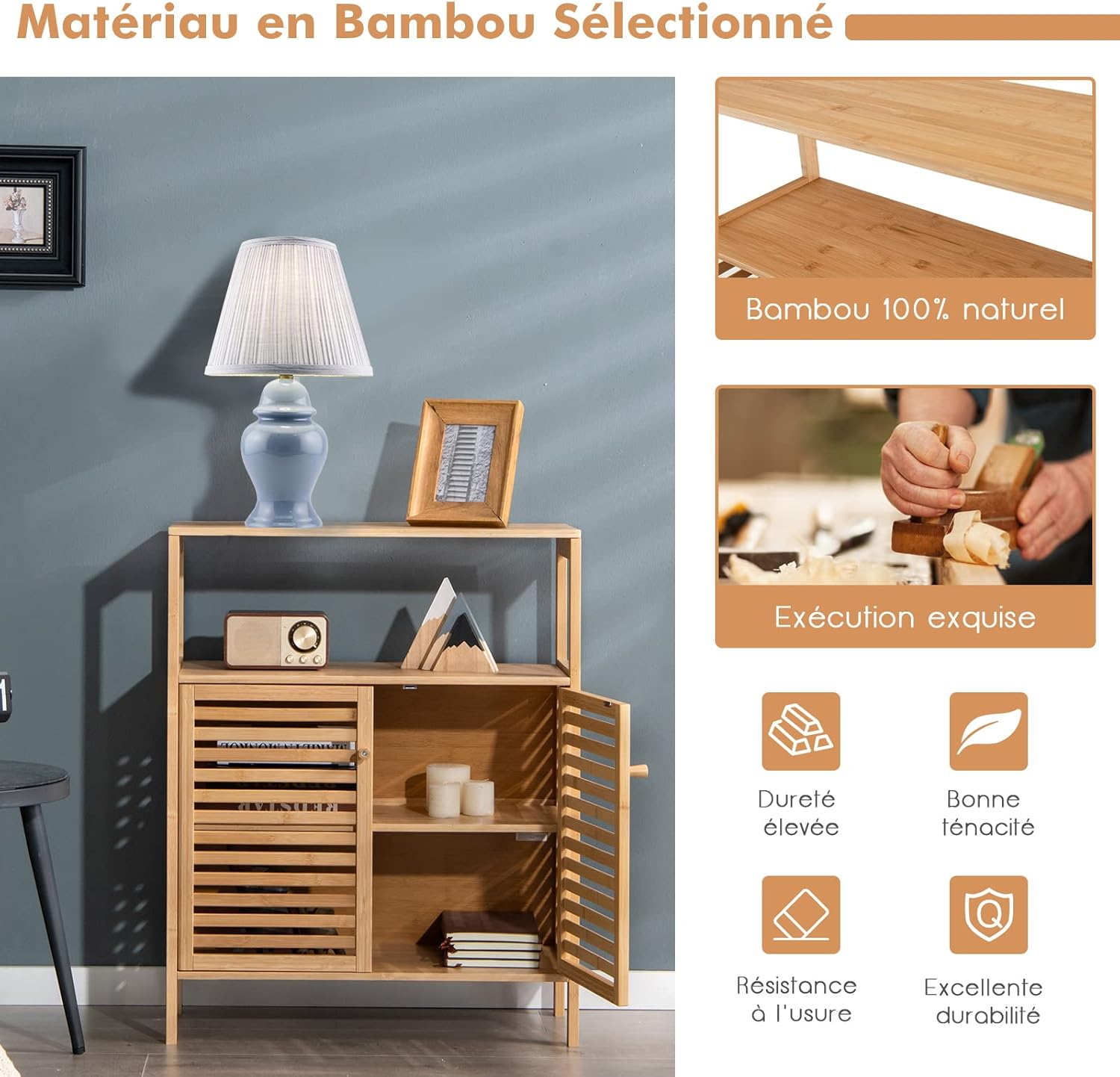 COSTWAY Meuble Salle De Bain En Bambou/Rangement De Salle De Bain-Étagère Amovible Et 2 Portes Persiennes-64x27,5x80cm Naturel -Songmics Soldes Magasin