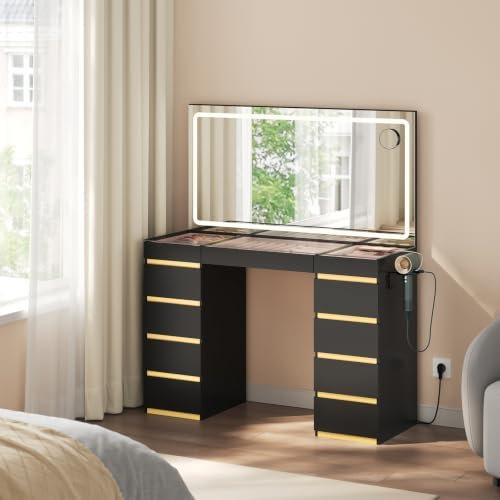 WOLTU Schminktisch mit Beleuchtung, Glasplatte und Spiegel | Kosmetiktisch mit 11 Schubladen, Schmuckfächern, Steckdose und Haartrocknerhalter, für Schlafzimmer, Schwarz+Gold