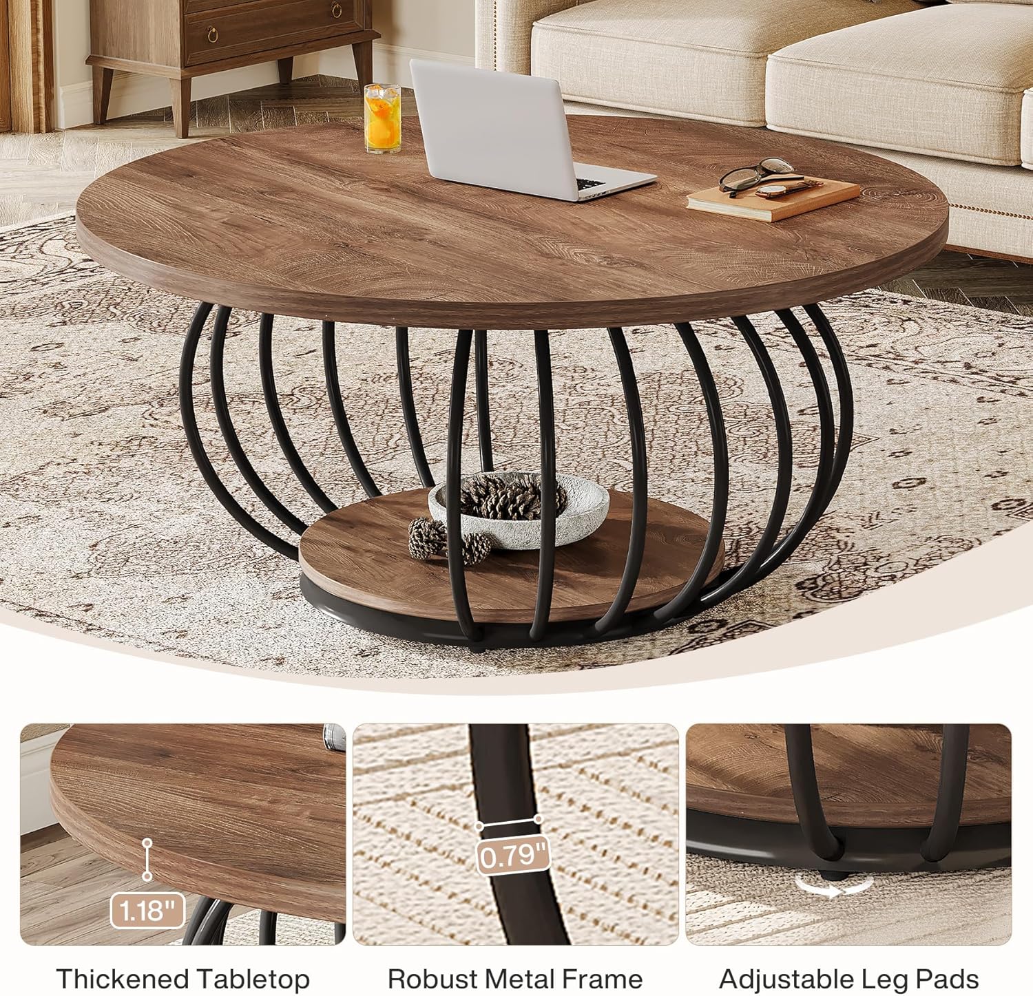 Tribesigns Runder Couchtisch 100cm Braun Schwarz