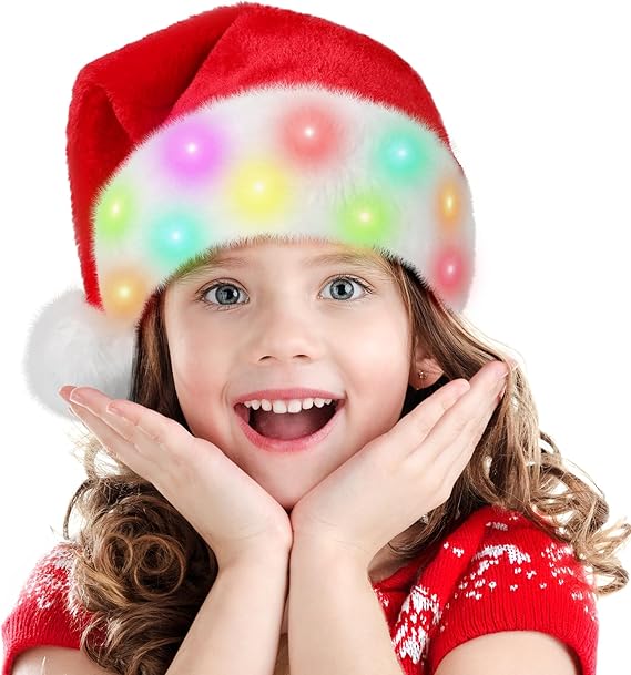 RELPOM Santa Hat, Light Up Christmas Hat, Red Velvet Santa Claus Hat With LED Lights, Santa Hat For Men Women Kids
