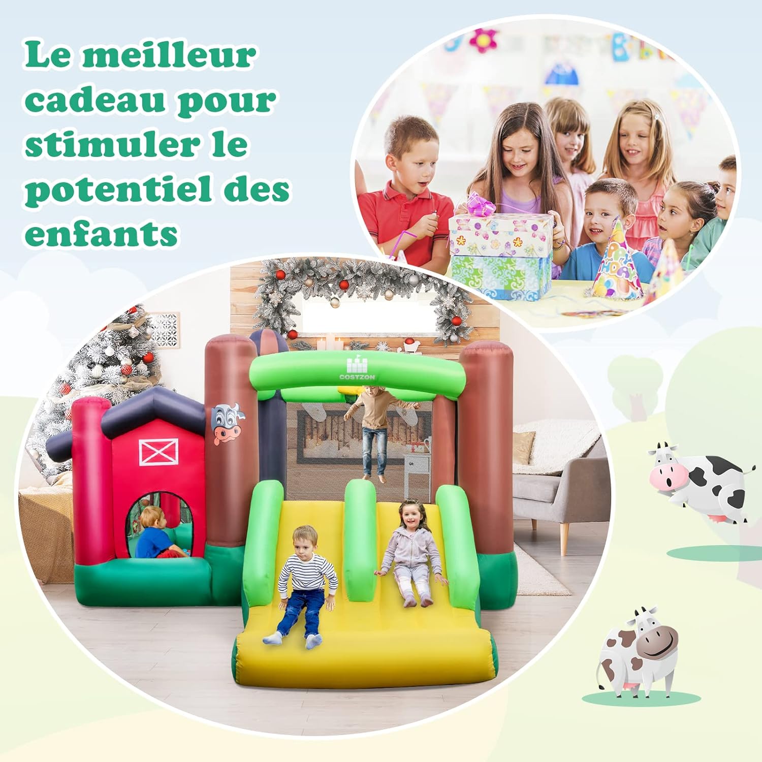 COSTWAY Château Gonflable 6-en-1 356x330x220CM Avec Toboggans Trampoline Panier De Basket Sac De Transport Thème Ferme 3-10 Ans (Sans Souffleur) -Pas Cher Clair Jardin Magasin AAHKMJXYDAFdJAOAIMEbOAchlkWZ0oakZn uVZ0mPidMNbILvCvspZ4oG3fPgIqc1P2pDU3n70fH8oPl1fmaw8hLPKZKnqmqMEdEsTt fEJE6Q==