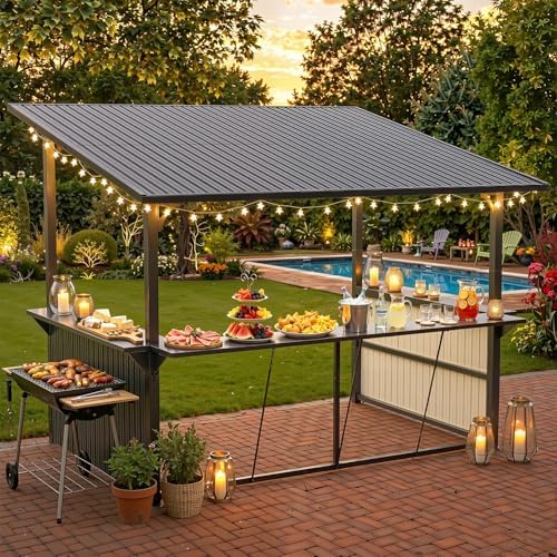 YODOLLA Grill Gazebo BBQ Shelter,Garden Metal Pergola Outdoor with 3 Side Shelf, Garden Gazebo for Backyard, Garden, Patio, Black, 3mx3.7m