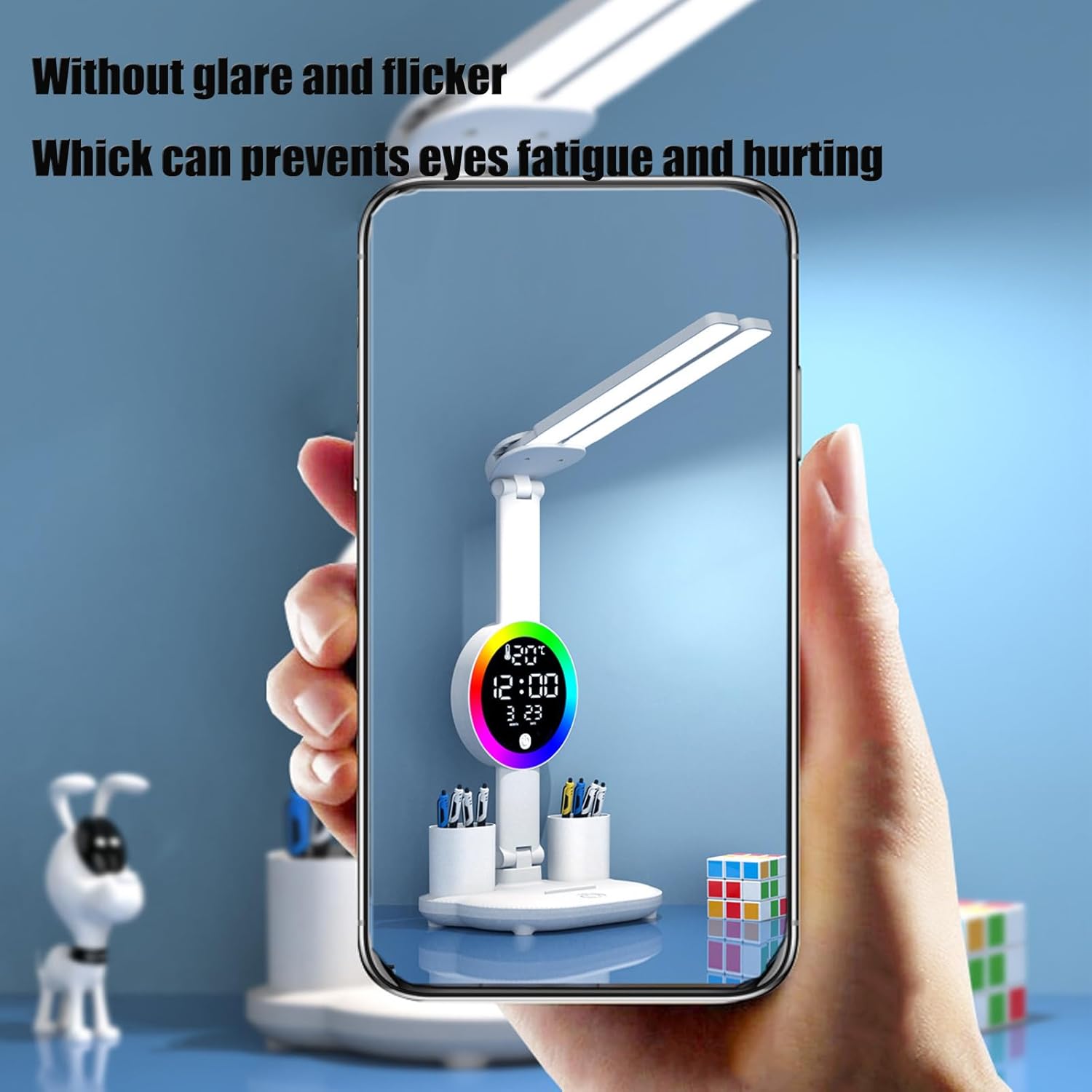 Lampe De Bureau LED Avec Affichage Heure/date/température - 3 Modes De Couleur, Intensité Réglable, 2 Porte-stylos, Design Pliable