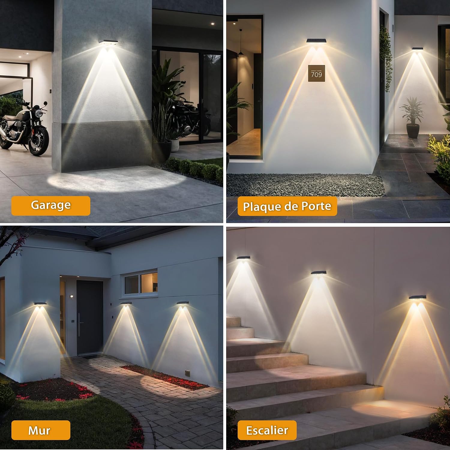Lumières LED murales extérieures éclairant une clôture dans diverses conditions météorologiques.