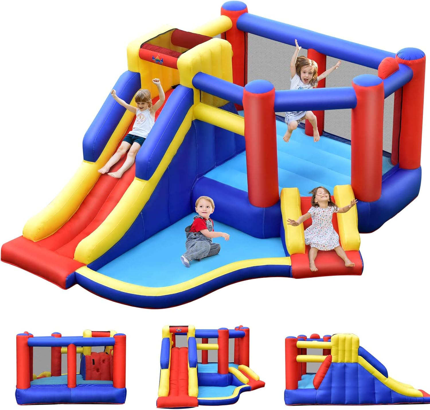 COSTWAY Château Gonflable 6-en-1 356x330x220CM Avec Toboggans Trampoline Panier De Basket Sac De Transport Thème Ferme 3-10 Ans (Sans Souffleur) -Pas Cher Clair Jardin Magasin