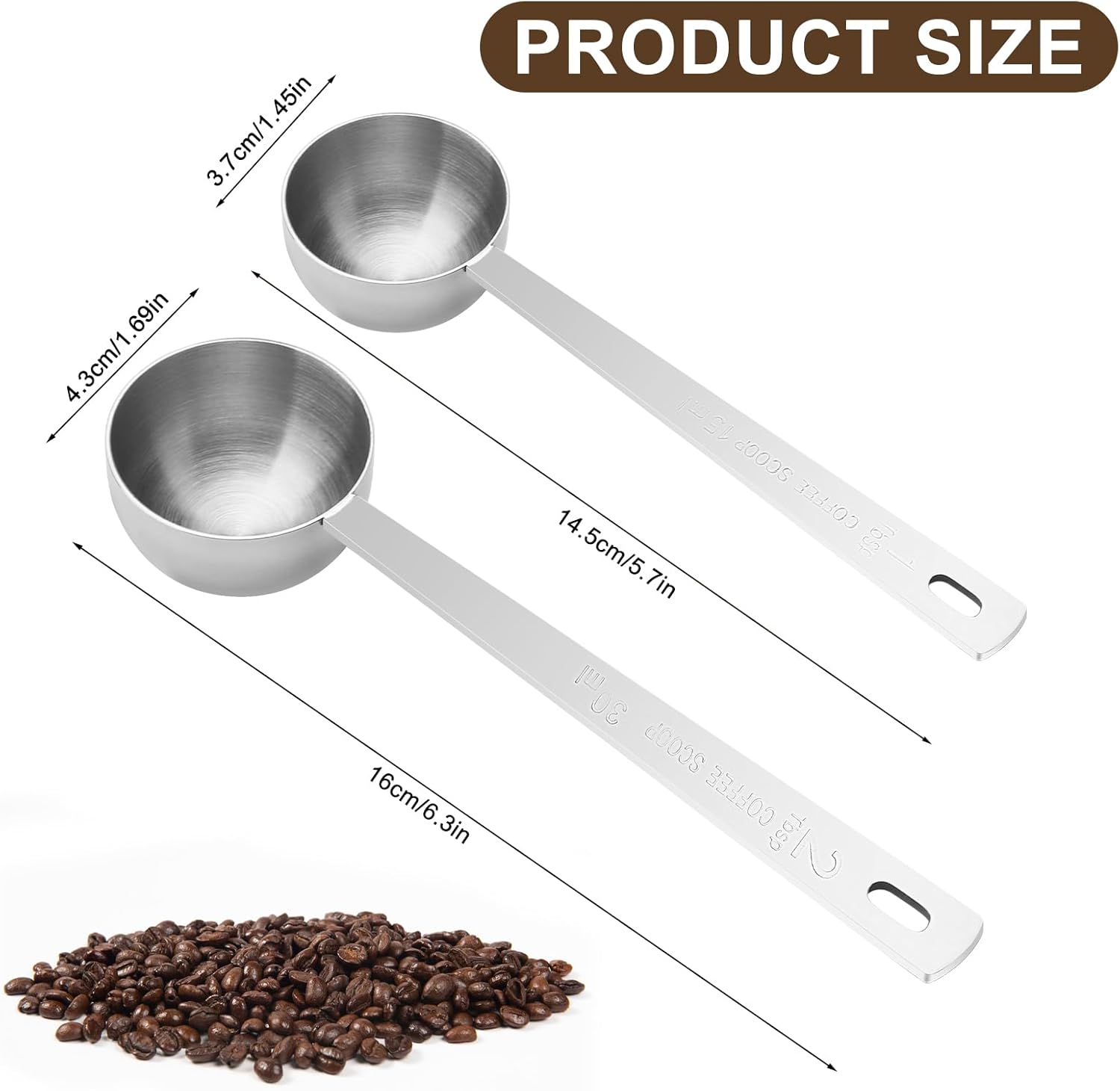Set Di 2 Misurini Per Caffè In Acciaio Inox 304 | Cucchiai Dosatori A Manico Lungo Da 30 Ml | Per Caffè, Tè, Farina E Polveri