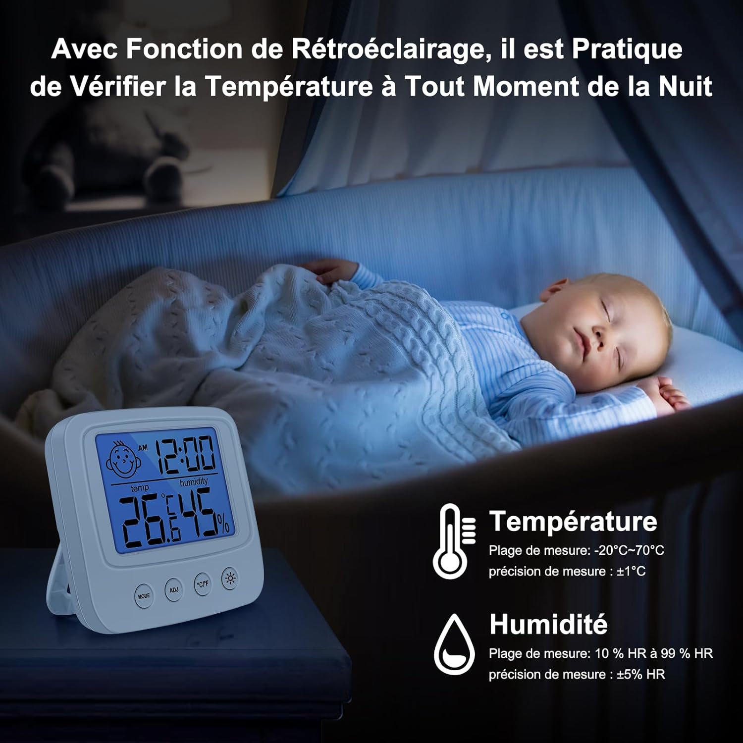 TAM thermomètre hygromètre Thermomètre D'intérieur Hygromètre Numérique, Horloge Numérique