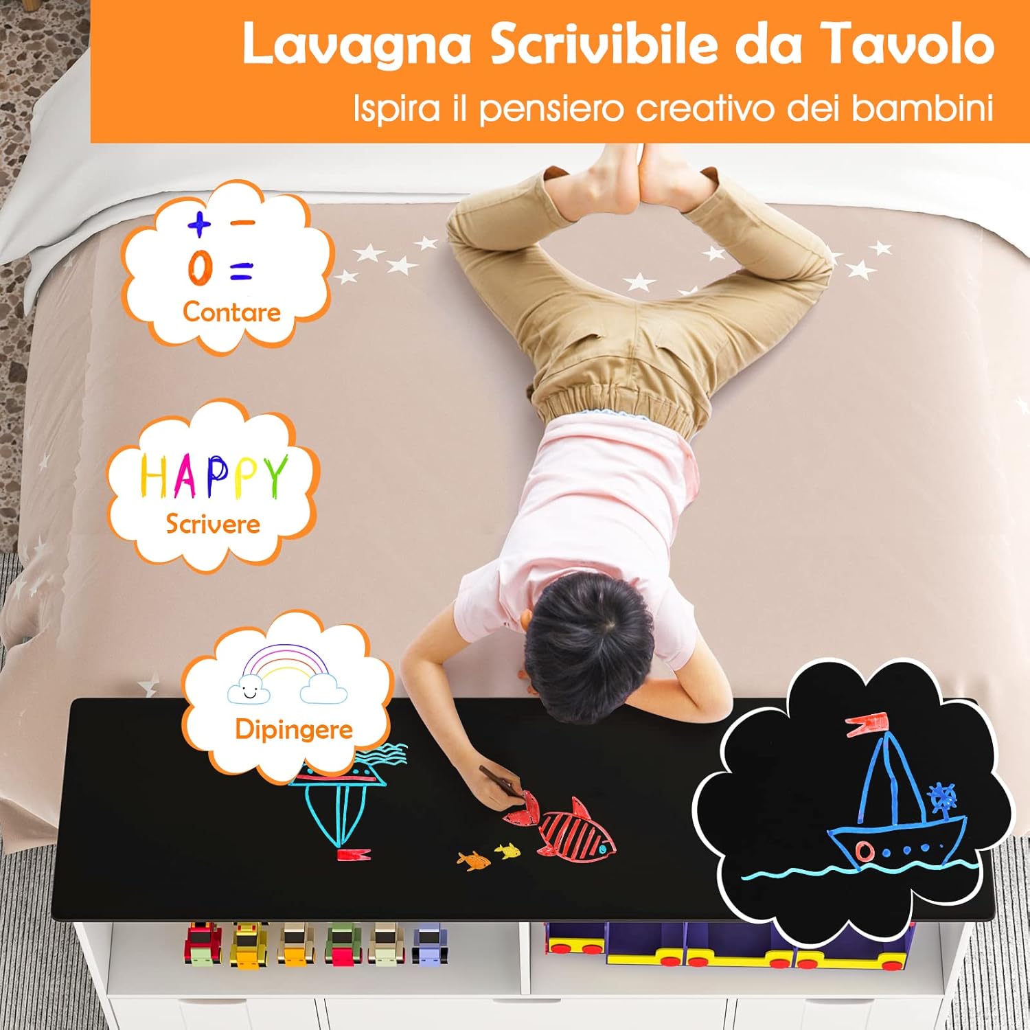 COSTWAY Mobile Porta Giochi Con 4 Cassetti, Scaffale Per Bambini Con Piano A Lavagna Scrivibile E 2 Vani Aperti, Mobiletto Multiuso Da Cameretta Soggiorno E Studio, 121 X 33 X 62 Cm -Cameretta Per Bambini