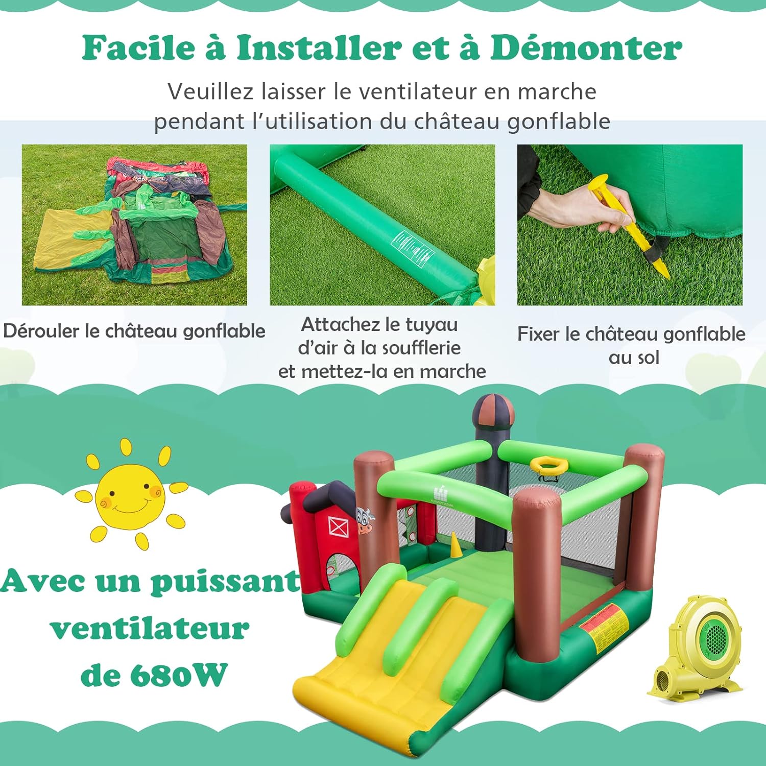 COSTWAY Château Gonflable 6-en-1 356x330x220CM Avec Toboggans Trampoline Panier De Basket Sac De Transport Thème Ferme 3-10 Ans (Sans Souffleur) -Pas Cher Clair Jardin Magasin
