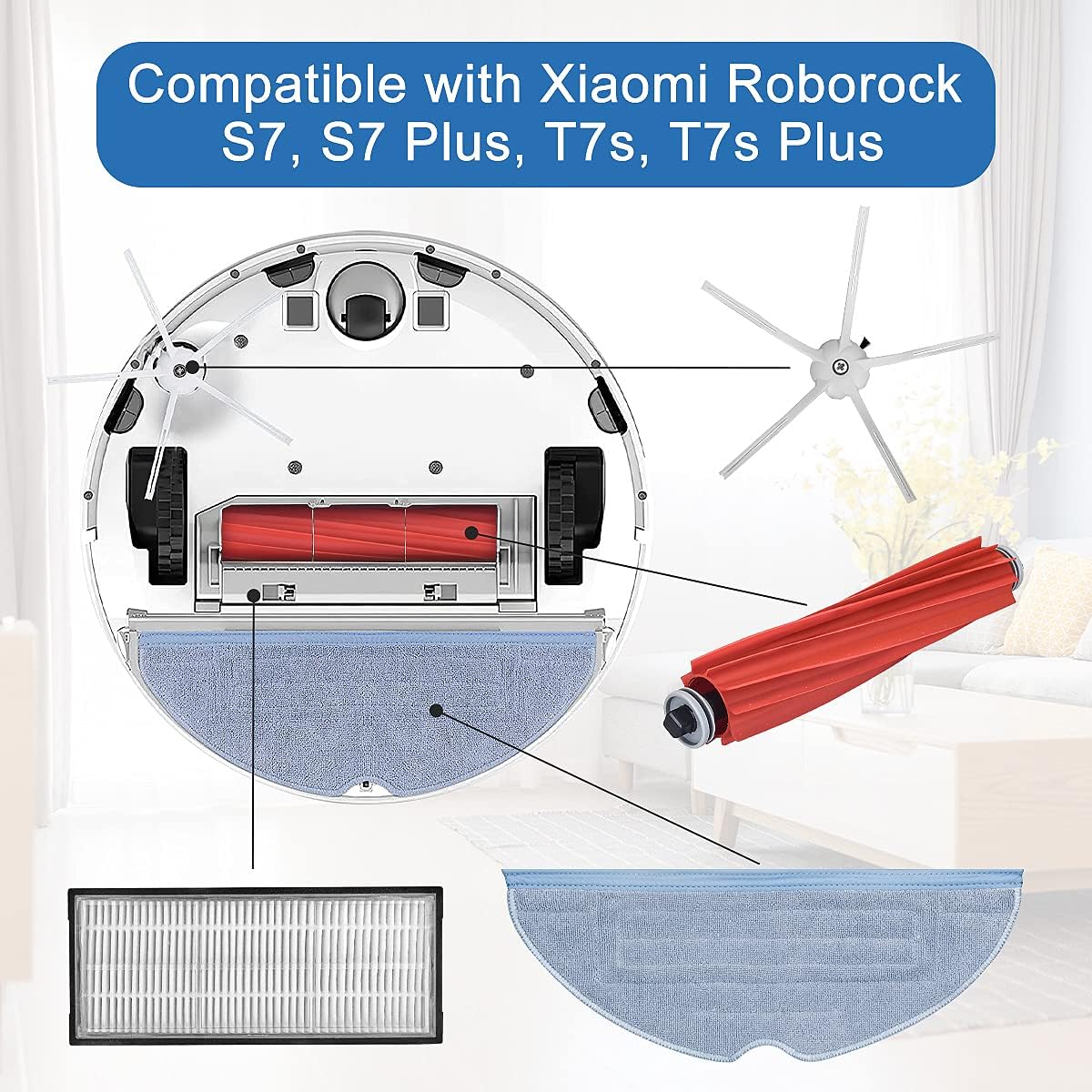 Kit d'accessoires de rechange pour aspirateur robot Xiaomi Roborock S7,  couvercle de brosse principale, rouleau de remplacement pour nettoyeur