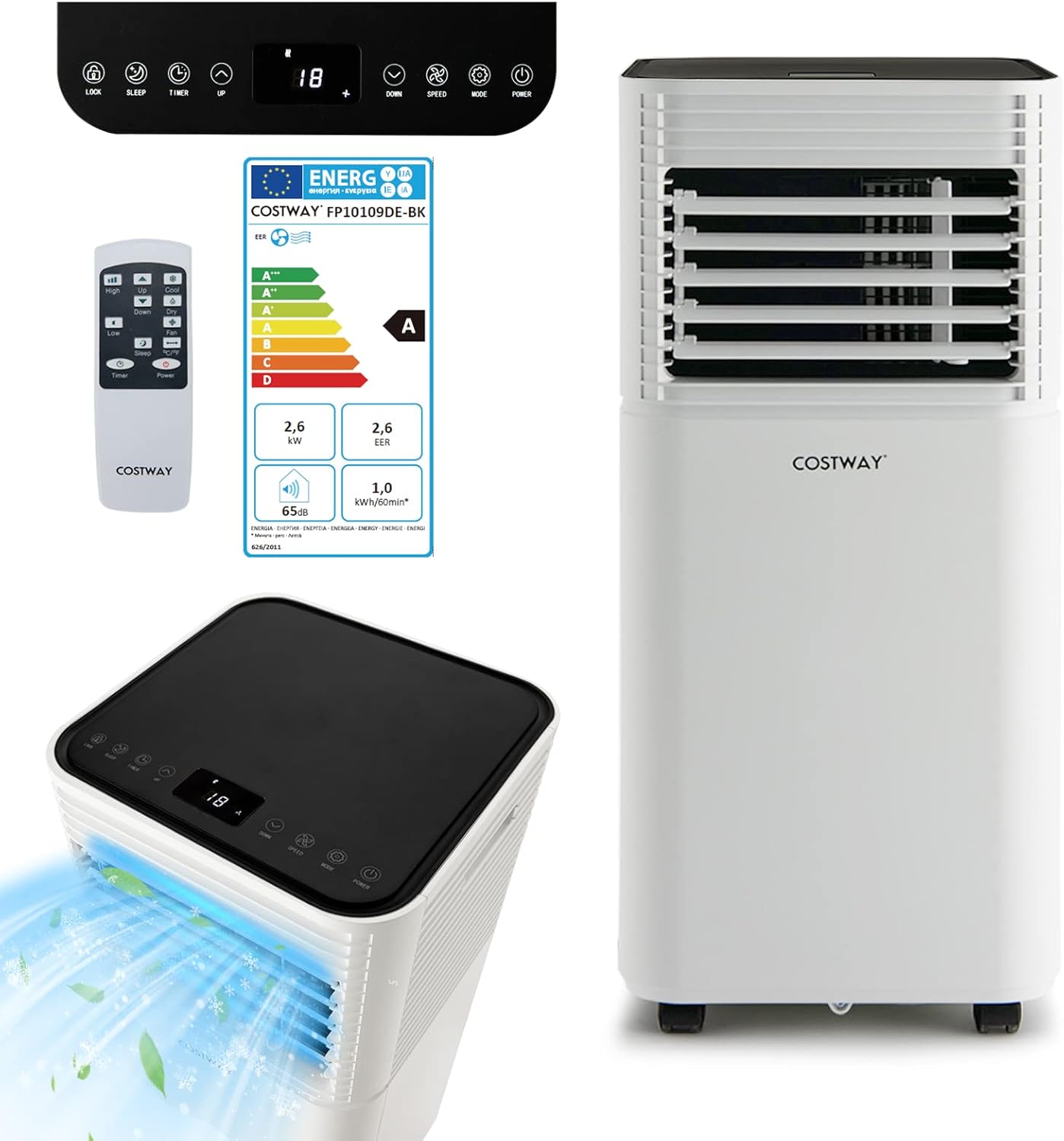 COSTWAY Climatiseur Mobile Silencieux 9000BTU 4 En 1 [Classe énergétique A] Contrôle APP Avec Refroidisseur Ventilateur Déshumidificateur Mode Veille Minuterie 24H -Climatiseur Et Ventilateur
