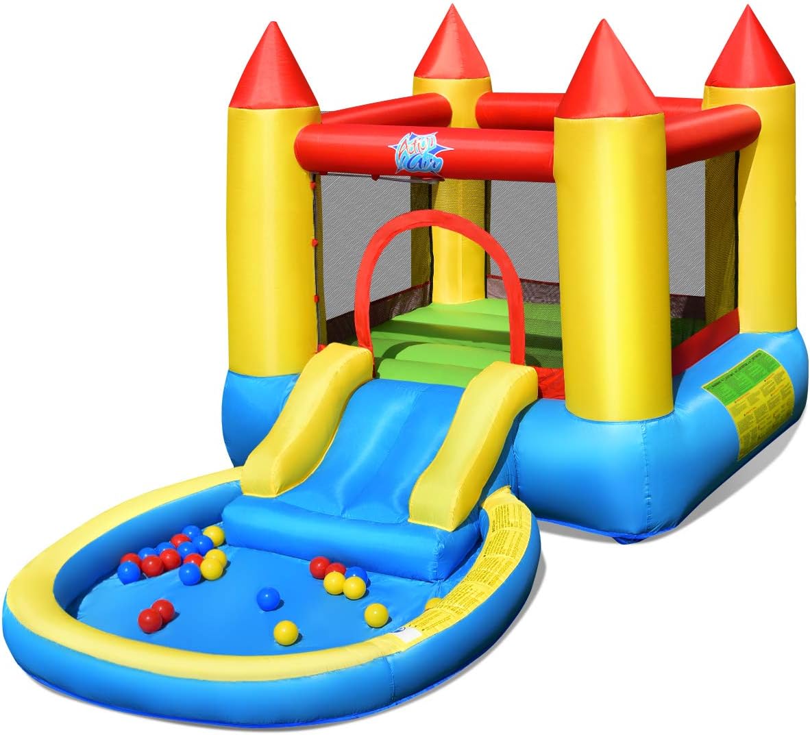 COSTWAY Château Gonflable 6 En 1 Avec Escalade Toboggan à Jet D'Eau Grande Piscine Cadre De Football/Basket-ball Sans Souffleur -Pas Cher Clair Jardin Magasin