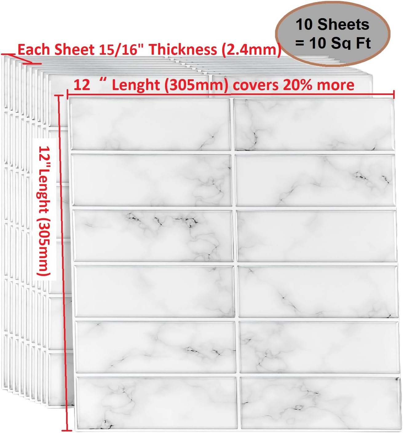 Piastrelle Paraschizzi Adesive Da 12 Fogli, Effetto Marmo Bianco Finto In Pvc Su Piastrelle Per Cucina 12 X 6 Pollici~p144644659