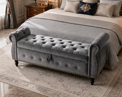 Clevich Banquette de Rangement Premium Luxe Bout de Lit en Velours, Gris