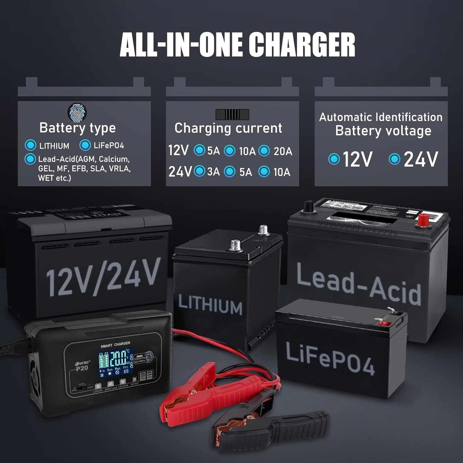 20A Smart Batterieladegerät, Lithium, LiFePO4, Blei-Säure (AGM/Gel