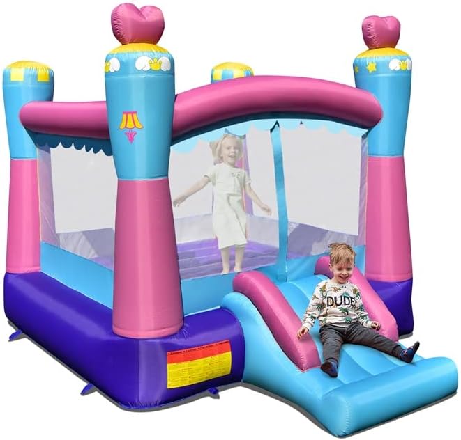 COSTWAY Château Gonflable/Aire De Jeux Pour Enfants Avec Cercle Panier De Basket-ball Toboggan Et Kit De Réparation Souffleur Non-inclus -Pas Cher Clair Jardin Magasin