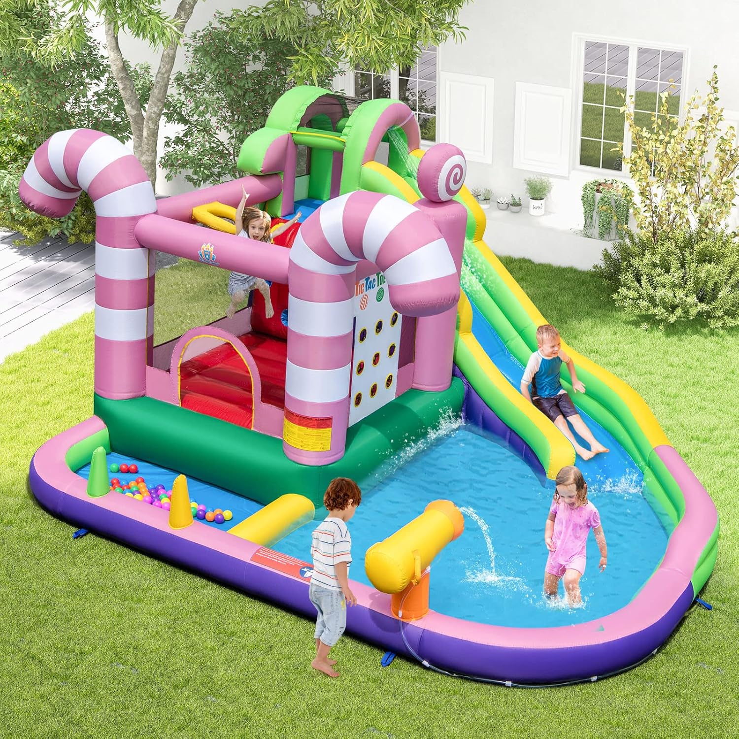 COSTWAY 9 En 1 Château Gonflable En Forme Bonbons Avec Toboggan, Maison De Saut Gonflable Avec Pistolet à Eau, Jeu Tic-Tac-Toe, 50 Boules, Charge 90kg Pour 2 Enfants De 3-10 Ans（avec Souffleur 680W -Pas Cher Clair Jardin Magasin AAHKMJXYDAFdJAOAIMEbOAchlkWZ0oakZn uVZ0mPidMNbILvCvspZ4oG3fPgIqc1P3sBprjTFZ1A7HJHWilmjPv gR9AYeOrcWKKGtNIfGug==