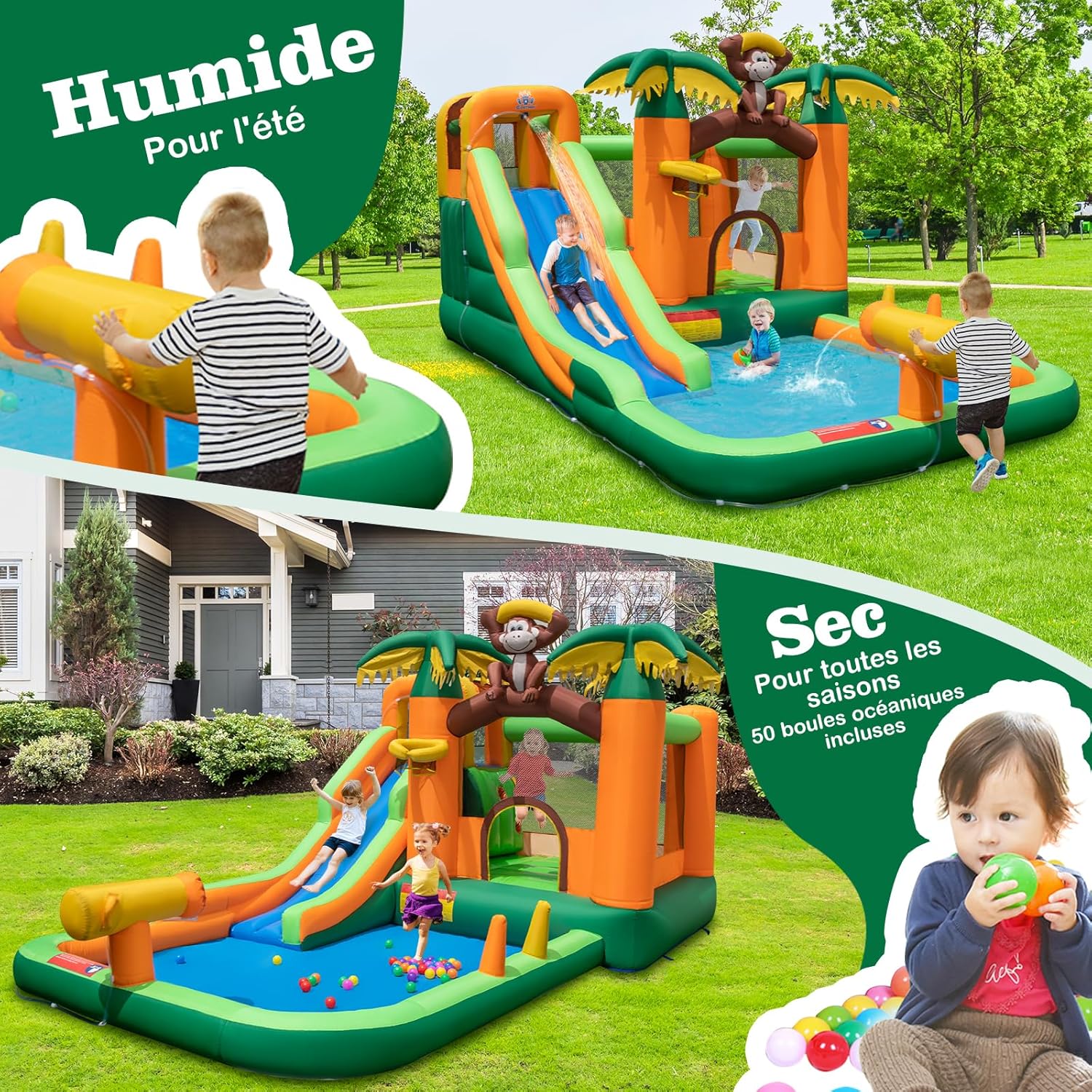 COSTWAY Château Gonflable Tropical à Thème Singe & Palmier Avec Toboggan Aquatique, Maison De Saut Gonflable Avec Piscine & 50 Boules, Charge 90kg Pour 2 Enfants De 3-10 Ans（avec Souffleur 680W -Pas Cher Clair Jardin Magasin