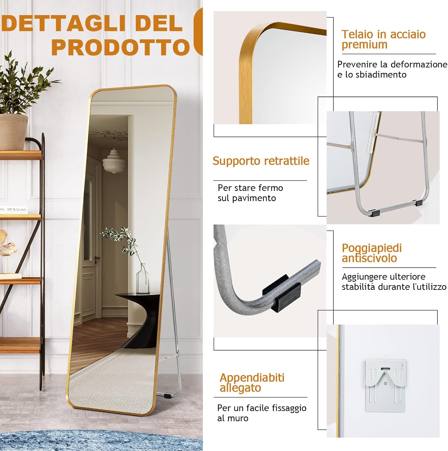 RELAX4LIFE Specchio Da Terra/Parete, Specchio A Figura Intera Con Supporto, Superficie Resistente Ad Alta Definizione, Doppio Montaggio A Parete O A Terra, Stile Moderno Con Cornice Metallica Sottile -Armonia Decor AAHKMJXYDAFdJAOAIMEbOAchlkWZ0oakZn uVZ0mPidMNbILvCvspZ4oG3fPgIqc1P3wU68smWzWjGirpYkAFQ8wEKttXWi15ZbZybHI2pgi6w==