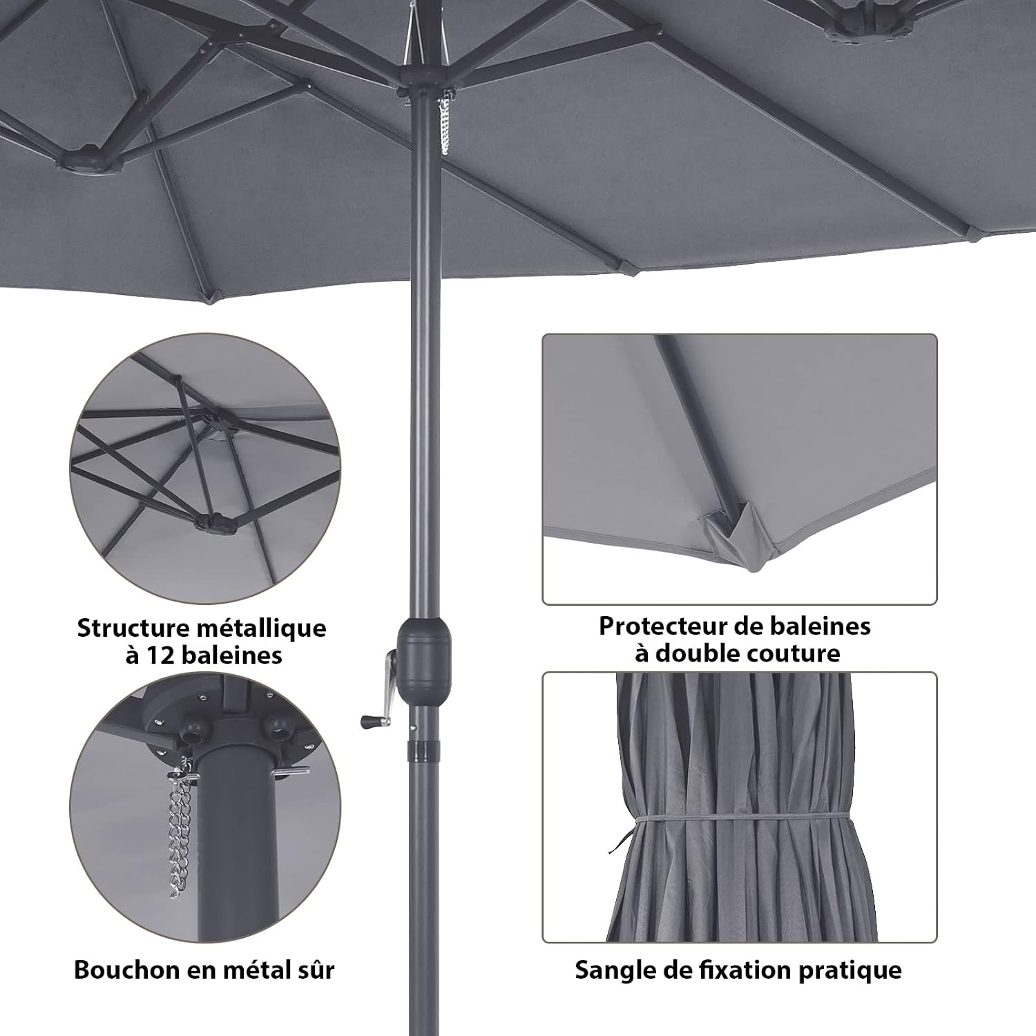 Parasol De Jardin Double Face XXL COSTWAY - 426 X 260 Cm, 10 Côtes, Manivelle, Sommet Ventilé, Tissu Polyester (beige)